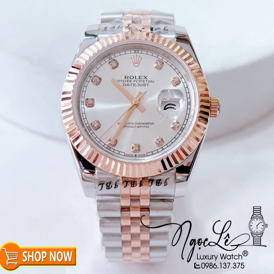 Đồng Hồ Rolex Datejust Nam Máy Cơ Tự Động Dây Demi Rose Mặt Trắng Size 41mm