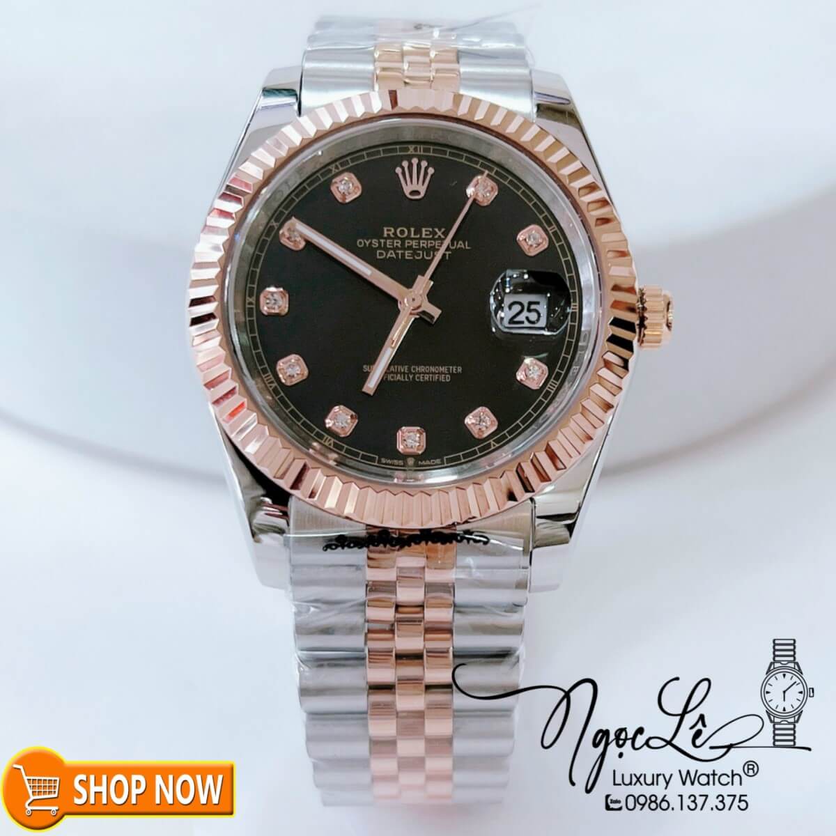 Đồng Hồ Rolex Datejust Nam Máy Cơ Tự Động Dây Demi Rose Mặt Đen Size 41mm