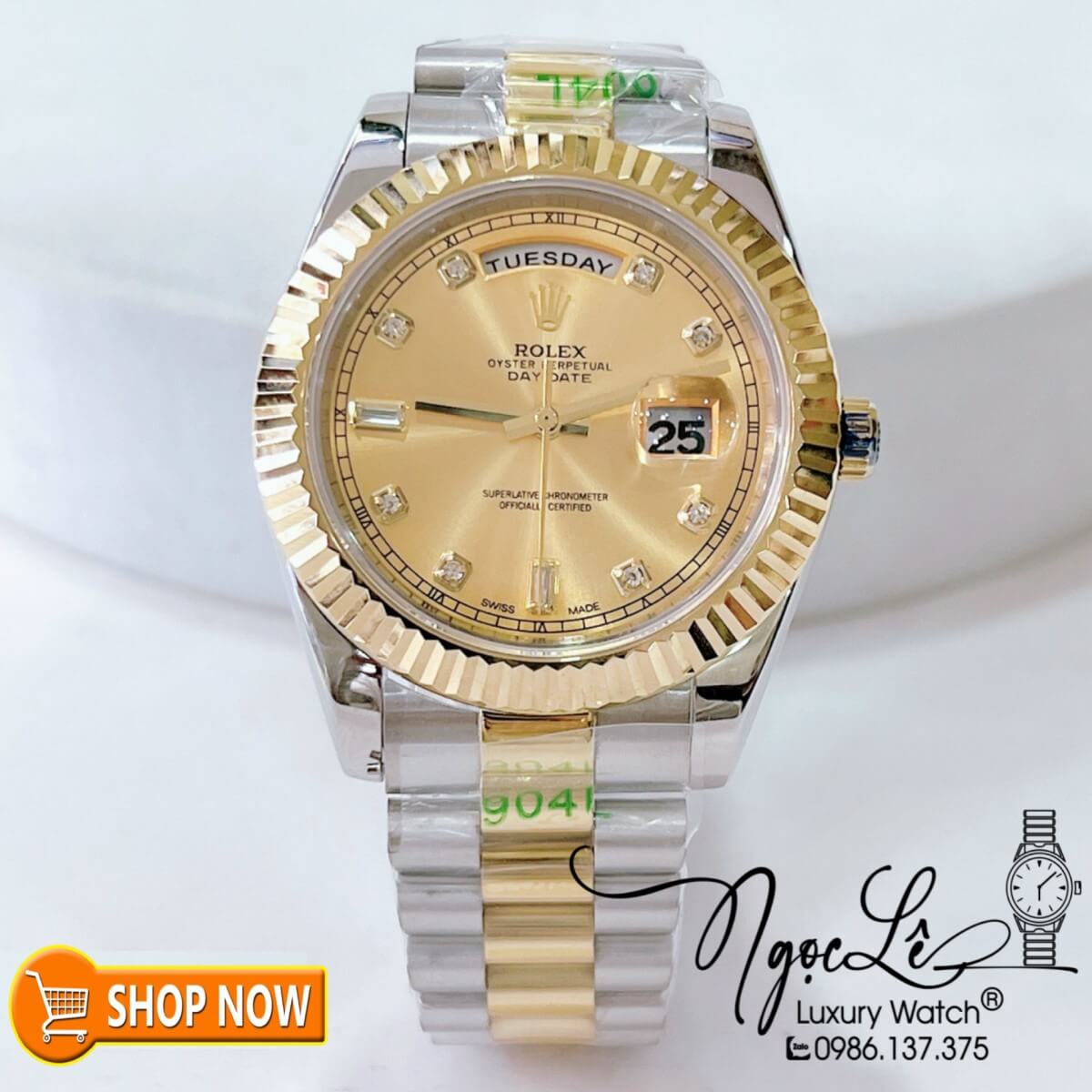 Đồng Hồ Rolex Day-Date Nam Máy Cơ Tự Động Dây Demi Vàng Mặt Vàng Size 41mm