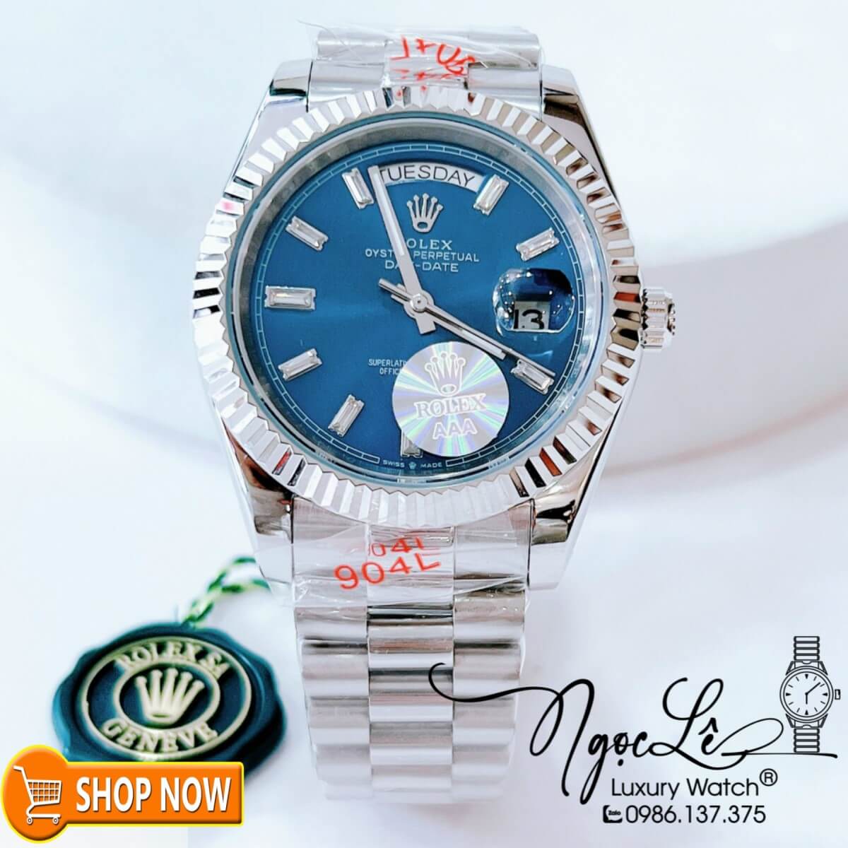 Đồng Hồ Rolex Day-Date Automatic Nam Dây Bạc Mặt Xanh Dương Size 41mm Vạch Đá