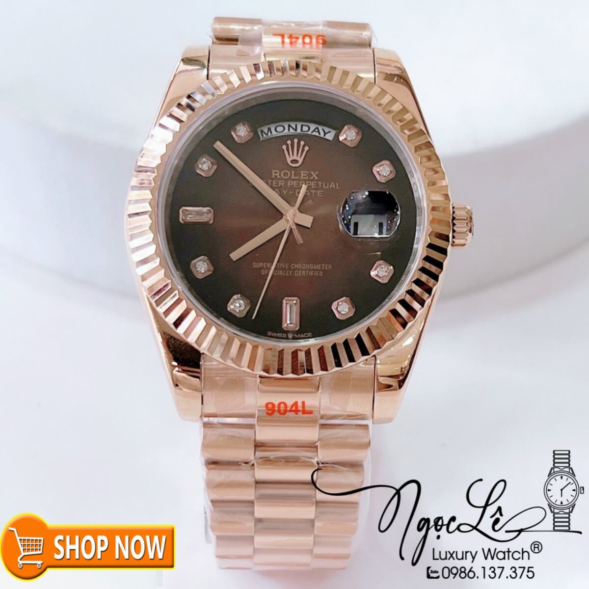 Đồng Hồ Rolex Day-Date Nam Máy Cơ Tự Động Dây Vàng Hồng Mặt Ombre Nâu Size 41mm