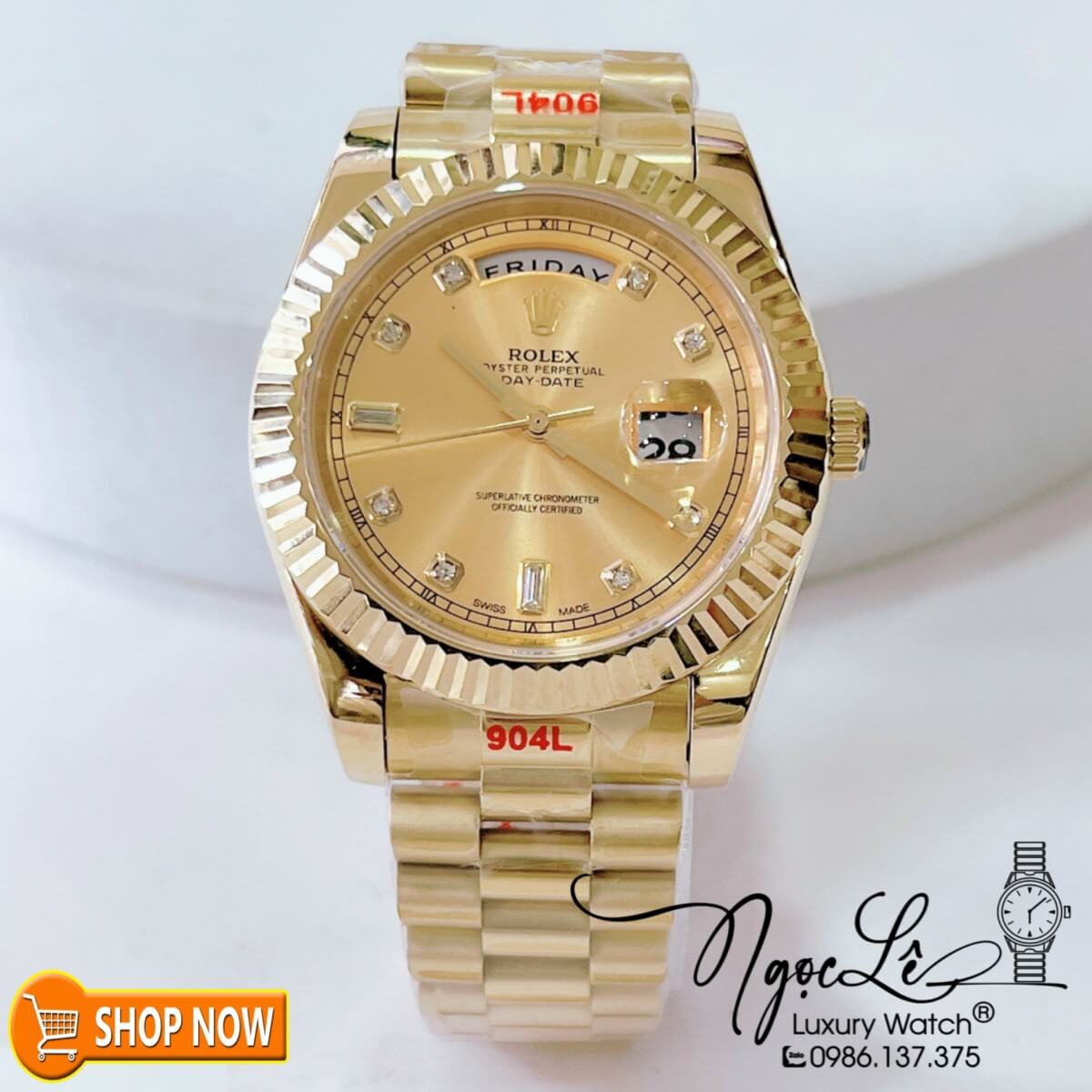 Đồng Hồ Rolex Day-Date Nam Máy Cơ Tự Động Dây Vàng Mặt Vàng Size 41mm