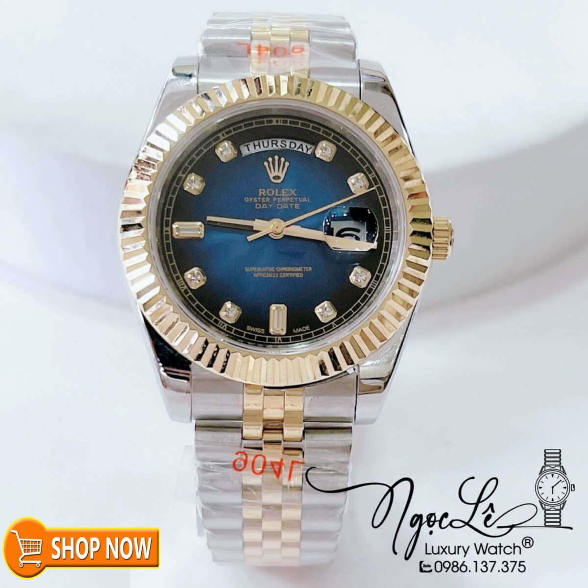 Đồng Hồ Rolex Day-Date Nam Máy Cơ Tự Động Dây Demi Vàng Mặt Ombre Xanh Size 41mm