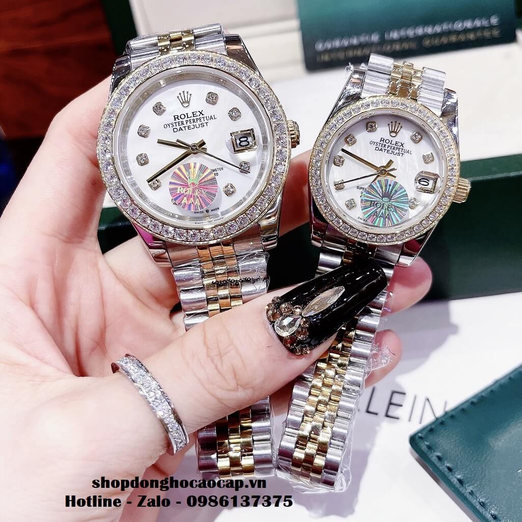 Đồng Hồ Cặp Rolex Datejust Automatic Nam Nữ 41mm - 32mm - Demi Mặt Trắng