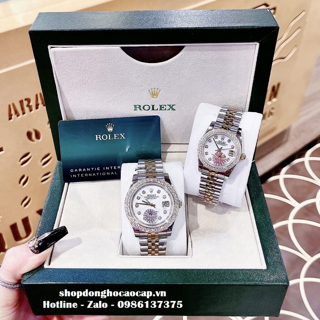 Đồng Hồ Cặp Rolex Datejust Automatic Nam Nữ 41mm - 32mm - Demi Mặt Trắng