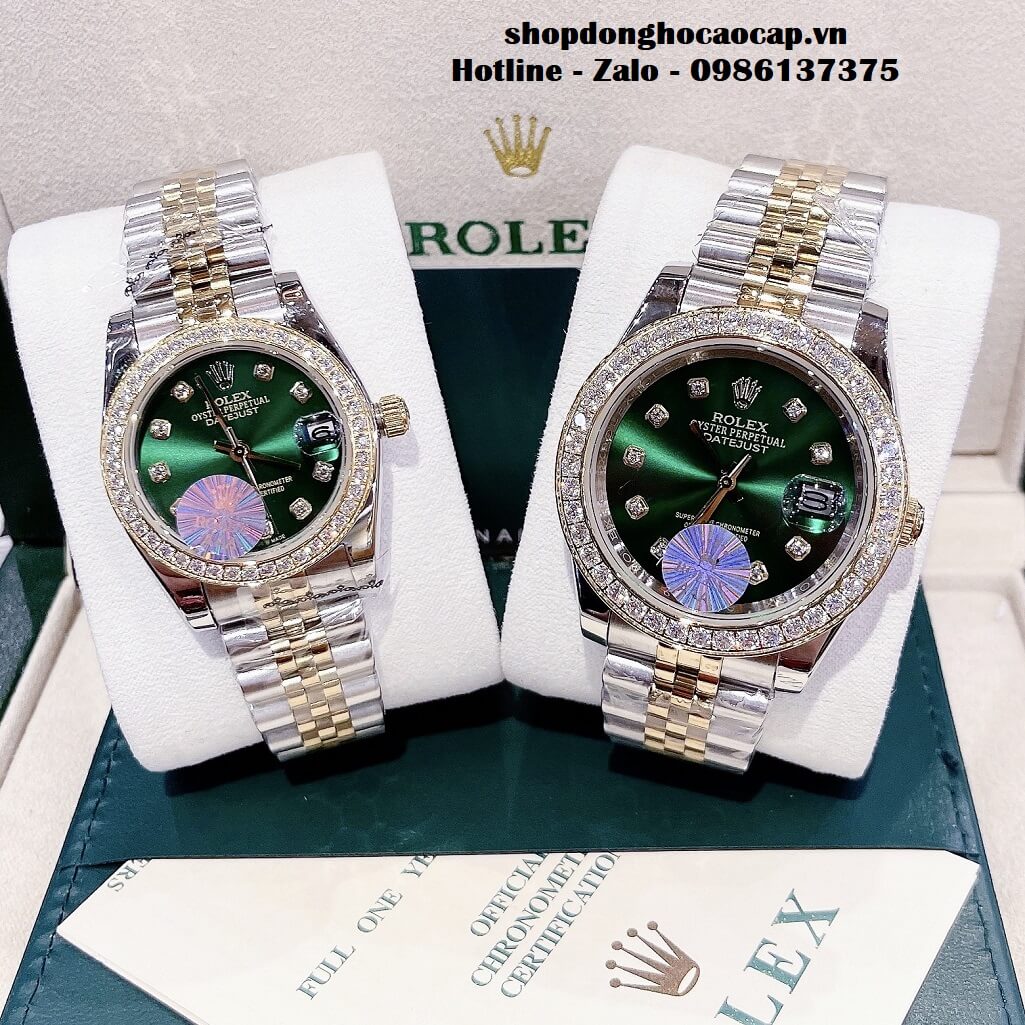 Đồng Hồ Cặp Rolex Datejust Automatic Nam Nữ 41mm - 32mm - Demi Mặt Xanh