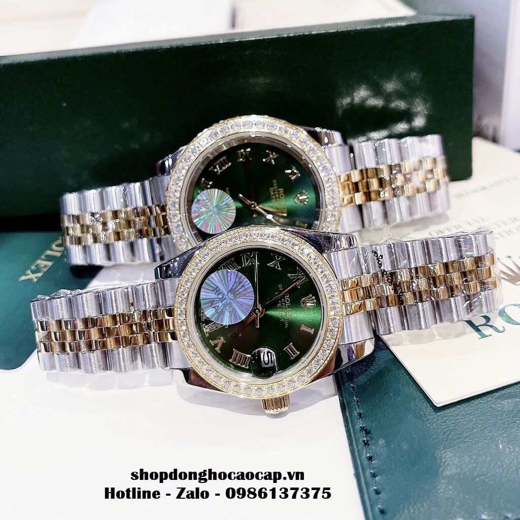 Đồng Hồ Cặp Rolex Datejust Automatic Nam Nữ 41mm - 32mm - Demi Mặt Xanh