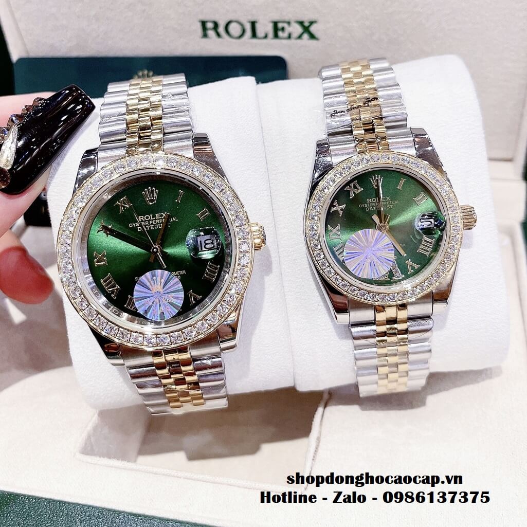 Đồng Hồ Cặp Rolex Datejust Automatic Nam Nữ 41mm - 32mm - Demi Mặt Xanh