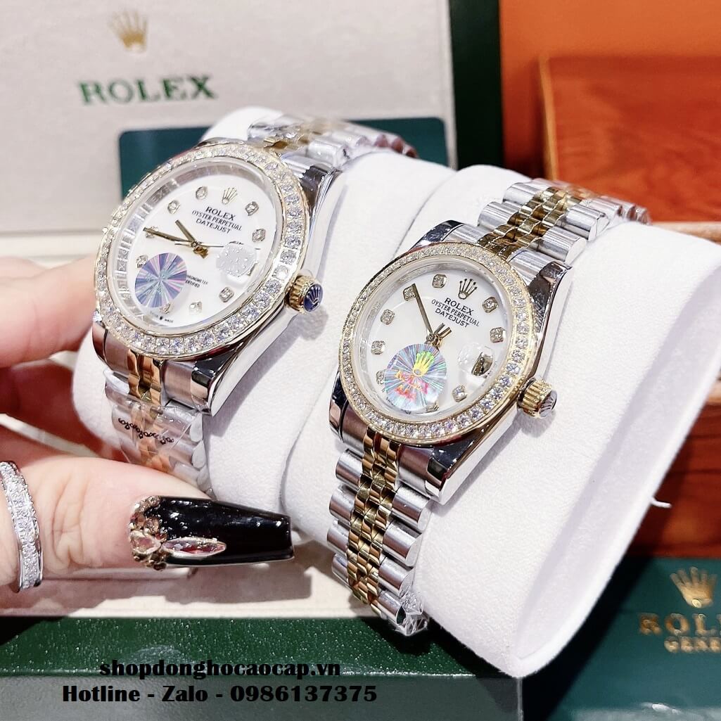 Đồng Hồ Cặp Rolex Datejust Automatic Nam Nữ 41mm - 32mm - Demi Mặt Trắng