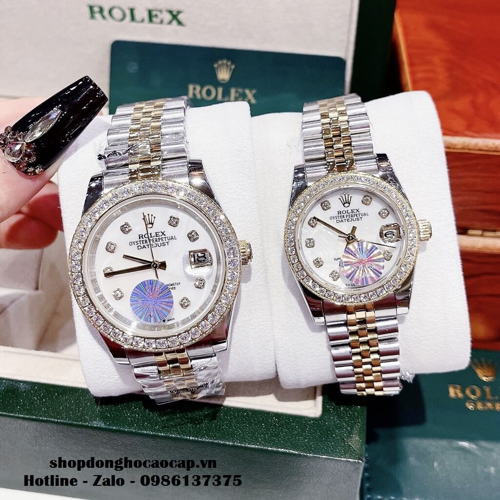 Đồng Hồ Cặp Rolex Datejust Automatic Nam Nữ 41mm - 32mm - Demi Mặt Trắng