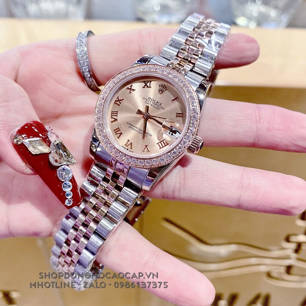 Đồng Hồ Nữ Rolex Datejust Tự Động Mặt La Mã Demi Rose Đính Đá 31mm