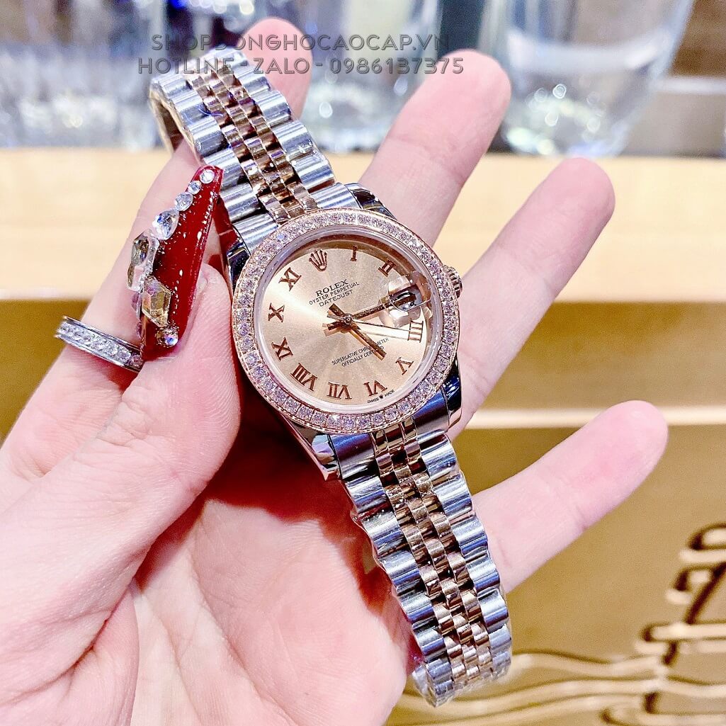 Đồng Hồ Nữ Rolex Datejust Tự Động Mặt La Mã Demi Rose Đính Đá 31mm