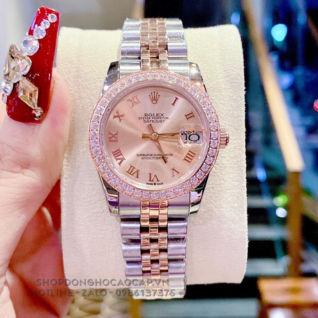 Đồng Hồ Nữ Rolex Datejust Tự Động Mặt La Mã Demi Rose Đính Đá 31mm