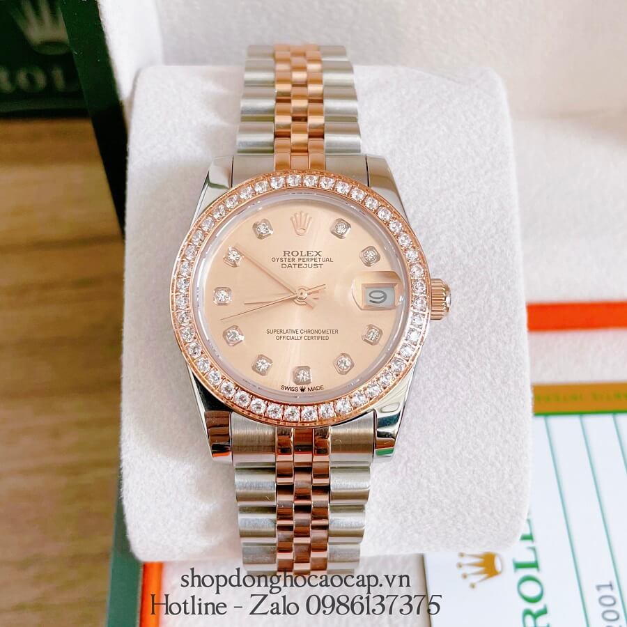 Đồng Hồ Nữ Rolex Automatic (Tự Động) Viền Đá Demi Rose Gold 32mm