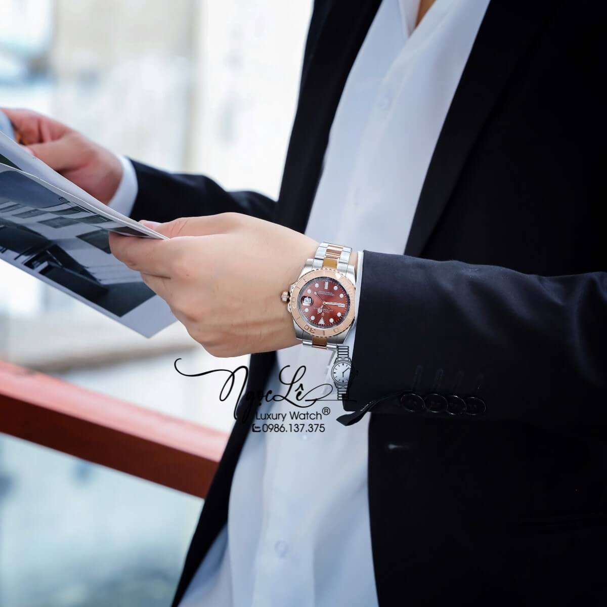 Đồng Hồ Rolex Yacht Master Automatic Nam Dây Kim Loại Demi Rose Mặt Nâu 40mm