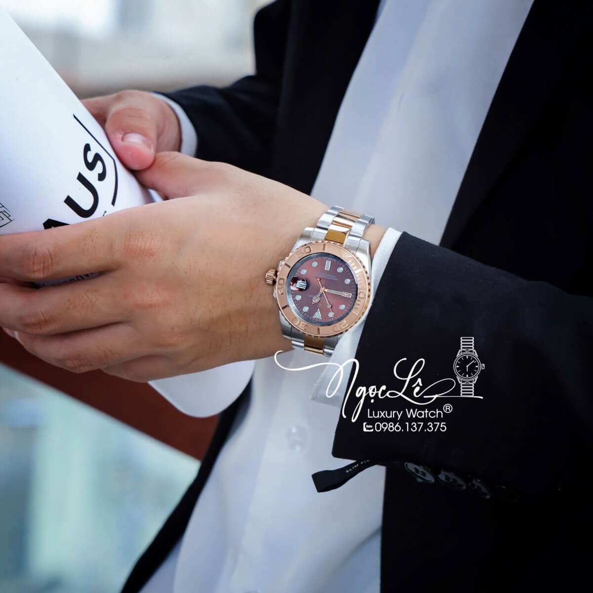 Đồng Hồ Rolex Yacht Master Automatic Nam Dây Kim Loại Demi Rose Mặt Nâu 40mm