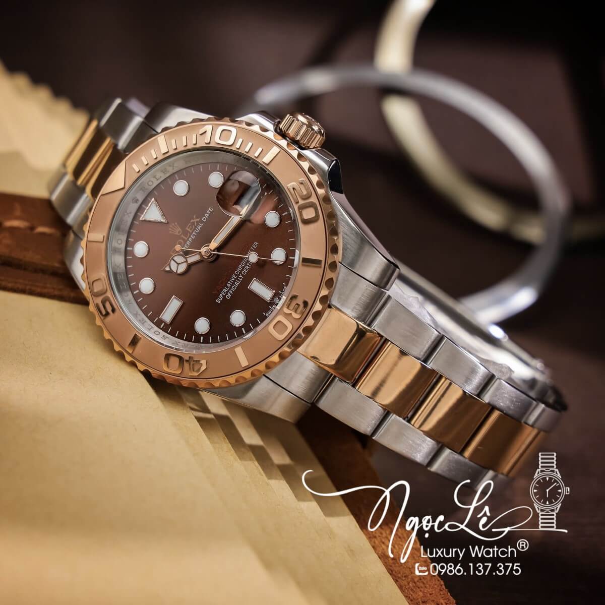 Đồng Hồ Rolex Yacht Master Automatic Nam Dây Kim Loại Demi Rose Mặt Nâu 40mm