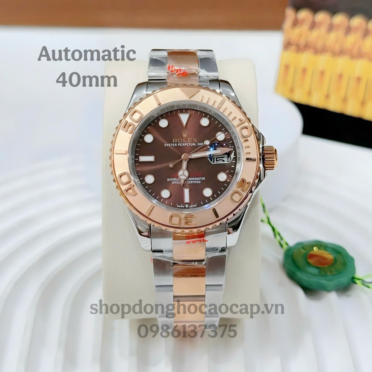 Đồng hồ Rolex Yacht Master dây thép demi vàng hồng mặt nâu size 40mm, Rolex tự động nam