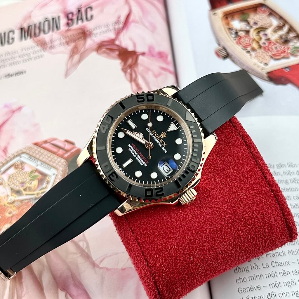 Đồng Hồ Rolex Yacht Master Nam Tự Động Dây Cao Su Đen Rose Gold 40mm