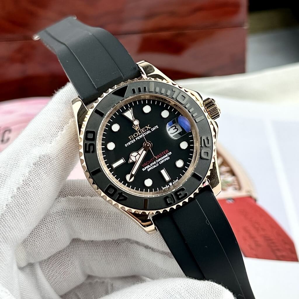 Đồng Hồ Rolex Yacht Master Nam Tự Động Dây Cao Su Đen Rose Gold 40mm
