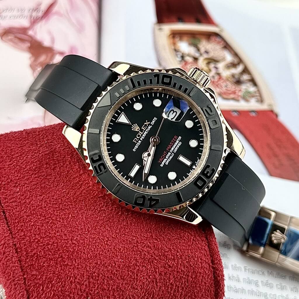 Đồng Hồ Rolex Yacht Master Nam Tự Động Dây Cao Su Đen Rose Gold 40mm