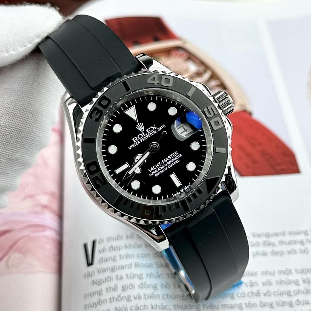 Đồng Hồ Rolex Yacht Master Nam Tự Động Dây Cao Su Đen Silver 40mm
