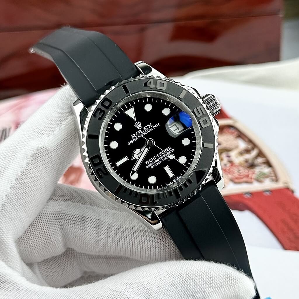 Đồng Hồ Rolex Yacht Master Nam Tự Động Dây Cao Su Đen Silver 40mm