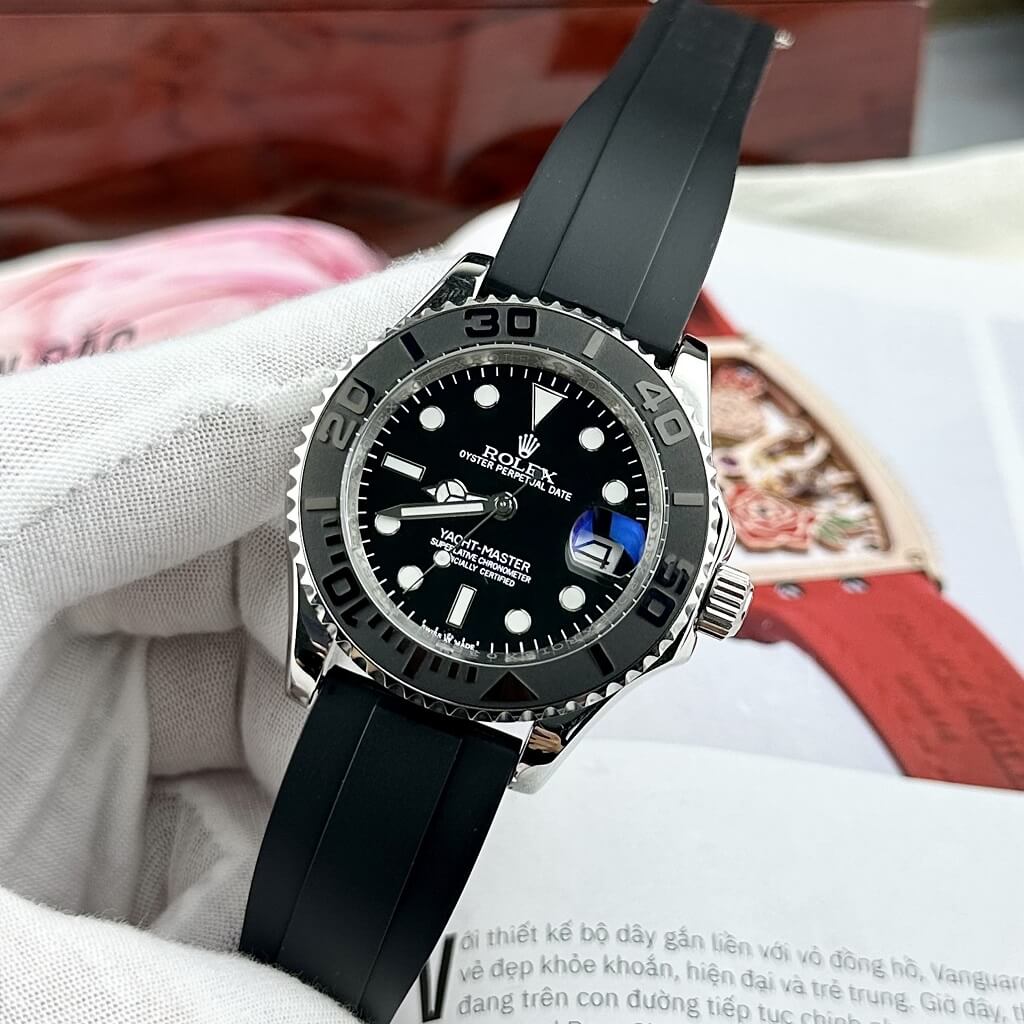 Đồng Hồ Rolex Yacht Master Nam Tự Động Dây Cao Su Đen Silver 40mm