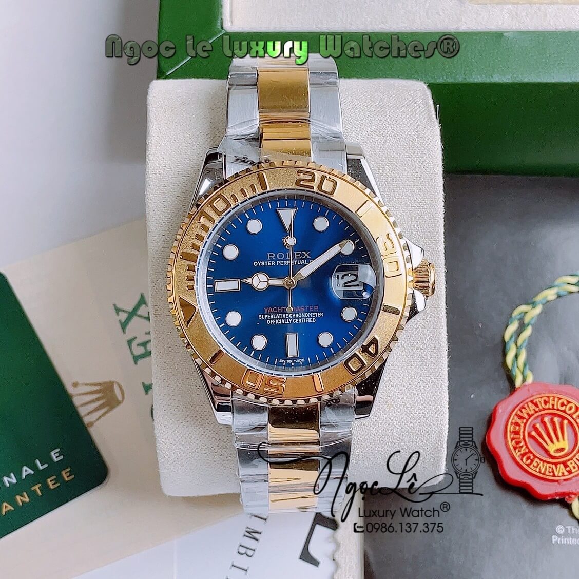Đồng Hồ Rolex Yacht-Master Automatic Nam Dây Kim Loại Demi Vàng Mặt Xanh Coban Size 40mm