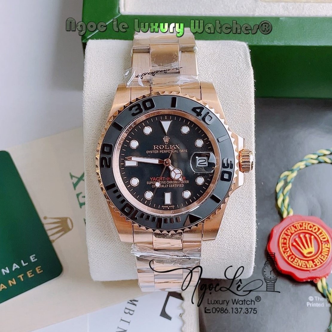 Đồng Hồ Rolex Yacht-Master Automatic Nam Dây Kim Loại Vàng Hồng Mặt Đen Size 40mm