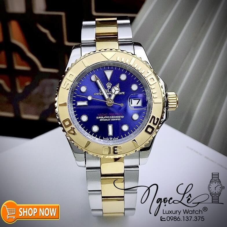 Đồng Hồ Rolex Yacht Master Automatic Nam Dây Kim Loại Demi Vàng Mặt Xanh 40mm