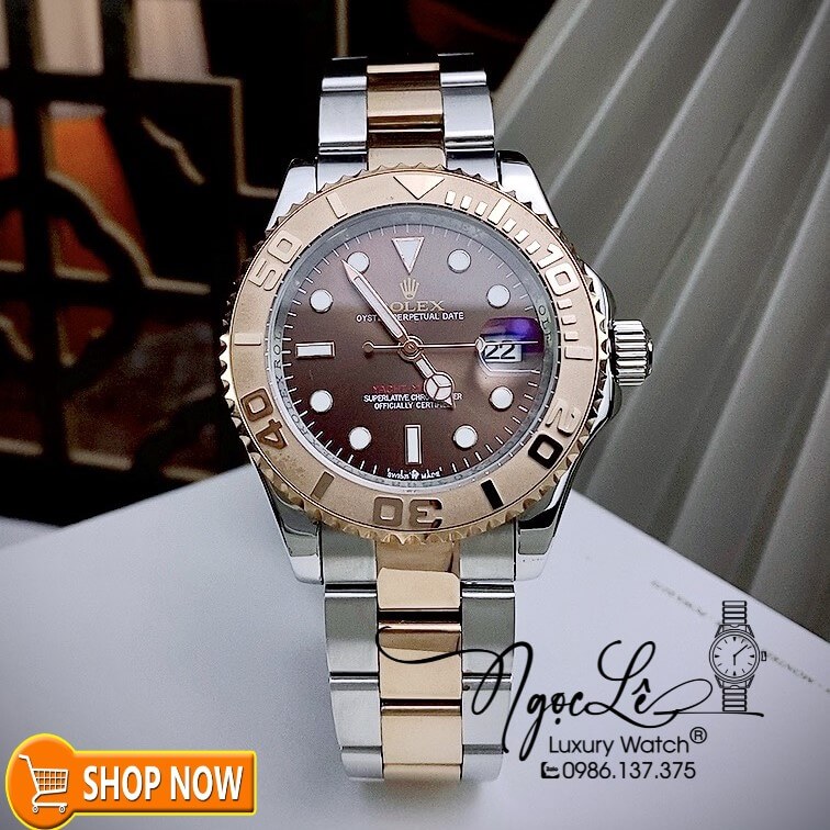 Đồng Hồ Rolex Yacht Master Automatic Nam Dây Kim Loại Demi Rose Mặt Nâu 40mm