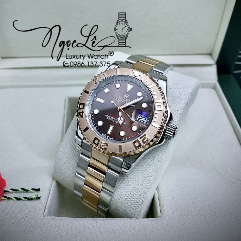 Đồng Hồ Rolex Yacht Master Automatic Nam Dây Kim Loại Demi Rose Mặt Nâu 40mm