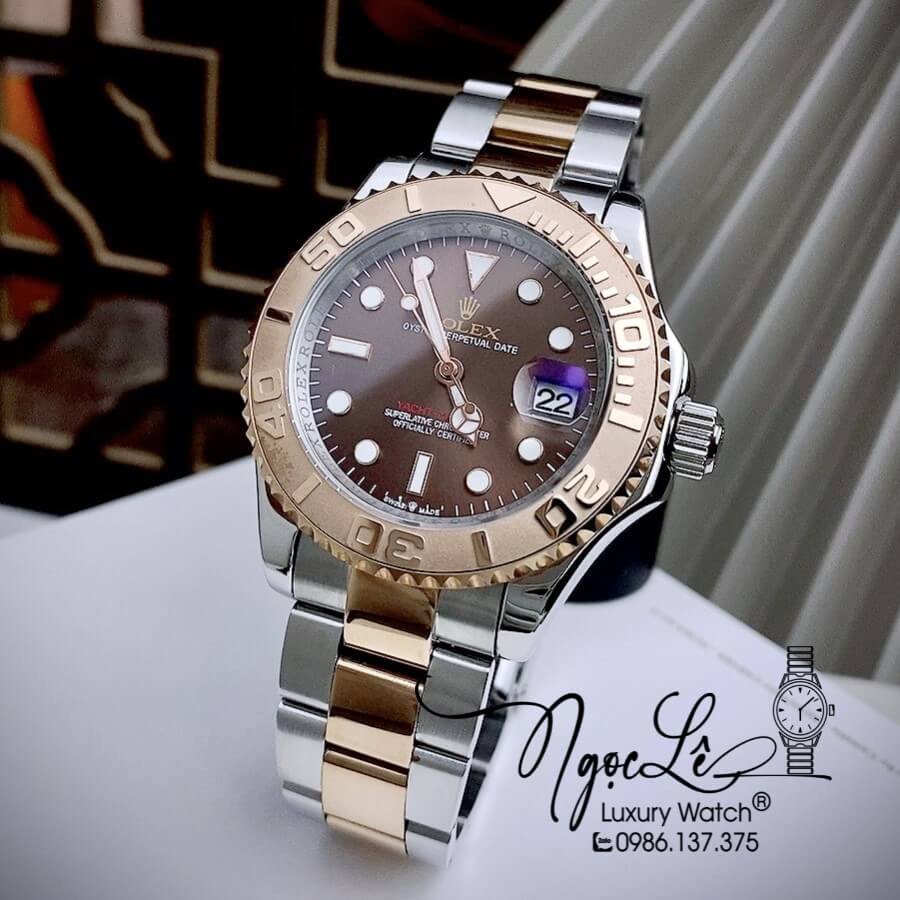 Đồng Hồ Rolex Yacht Master Automatic Nam Dây Kim Loại Demi Rose Mặt Nâu 40mm