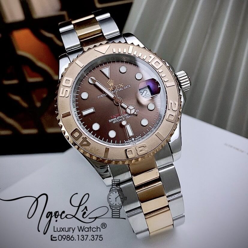 Đồng Hồ Rolex Yacht Master Automatic Nam Dây Kim Loại Demi Rose Mặt Nâu 40mm