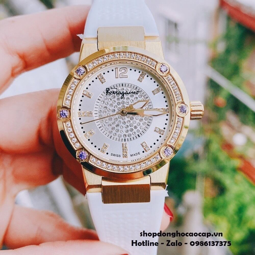 Đồng Hồ Nữ Salvatore Ferragamo Dây Silicon Trắng Mặt Đính Đá Tím 33mm