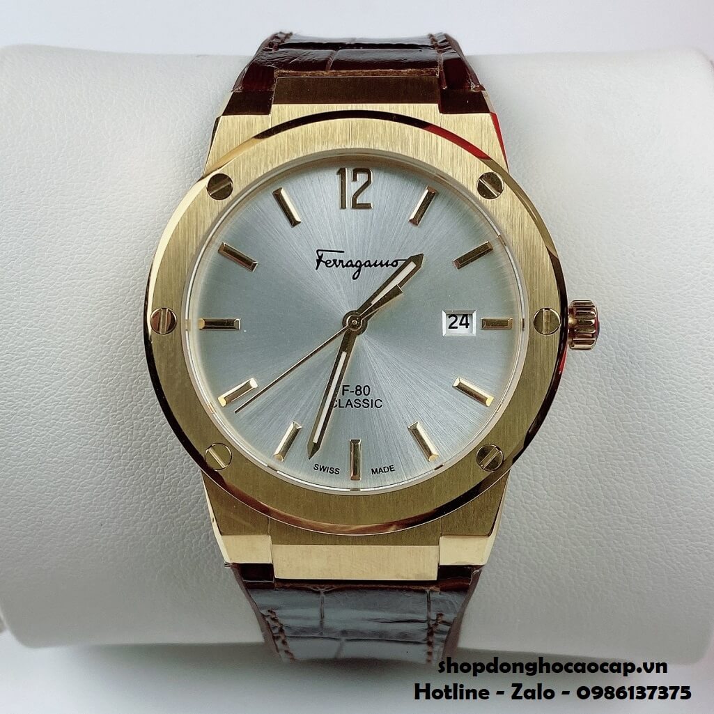 Đồng Hồ Nam Salvatore Ferragamo F80 Classic Dây Da Silicon Nâu 41mm