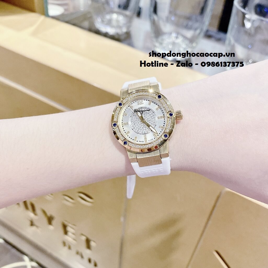 Đồng Hồ Nữ Salvatore Ferragamo Dây Silicon Trắng Mặt Đính Đá Xanh Dương 33mm