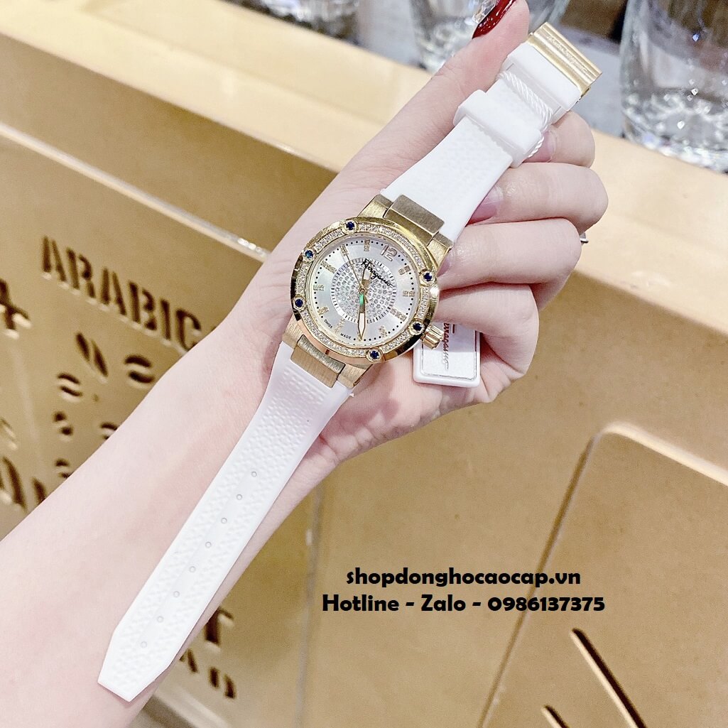 Đồng Hồ Nữ Salvatore Ferragamo Dây Silicon Trắng Mặt Đính Đá Xanh Dương 33mm