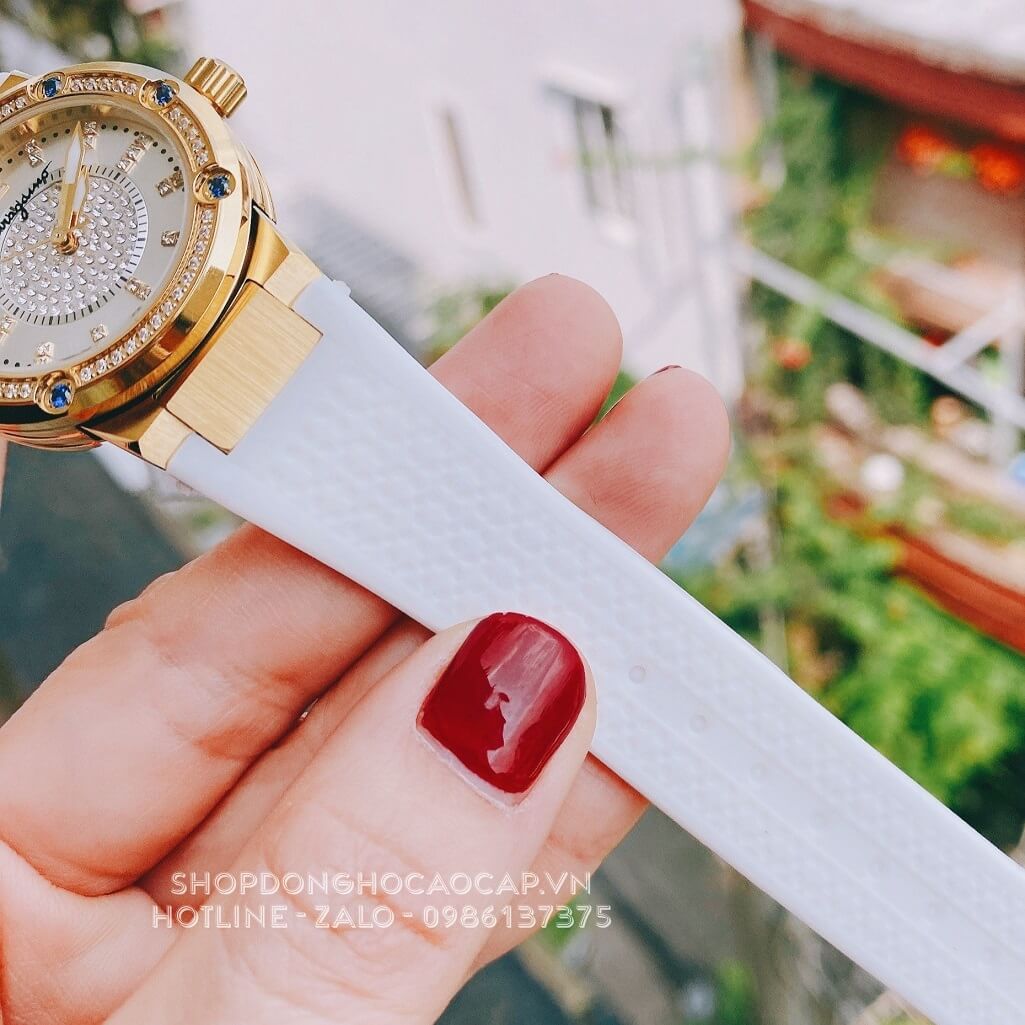 Đồng Hồ Nữ Salvatore Ferragamo Dây Silicon Trắng Mặt Đính Đá Xanh Dương 33mm