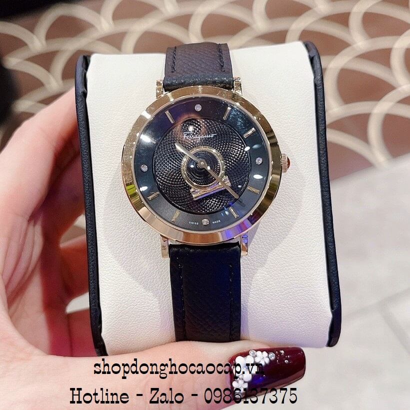 Đồng Hồ Nữ Salvatore Ferragamo Dây Da Đen Mặt Đen Vỏ Vàng