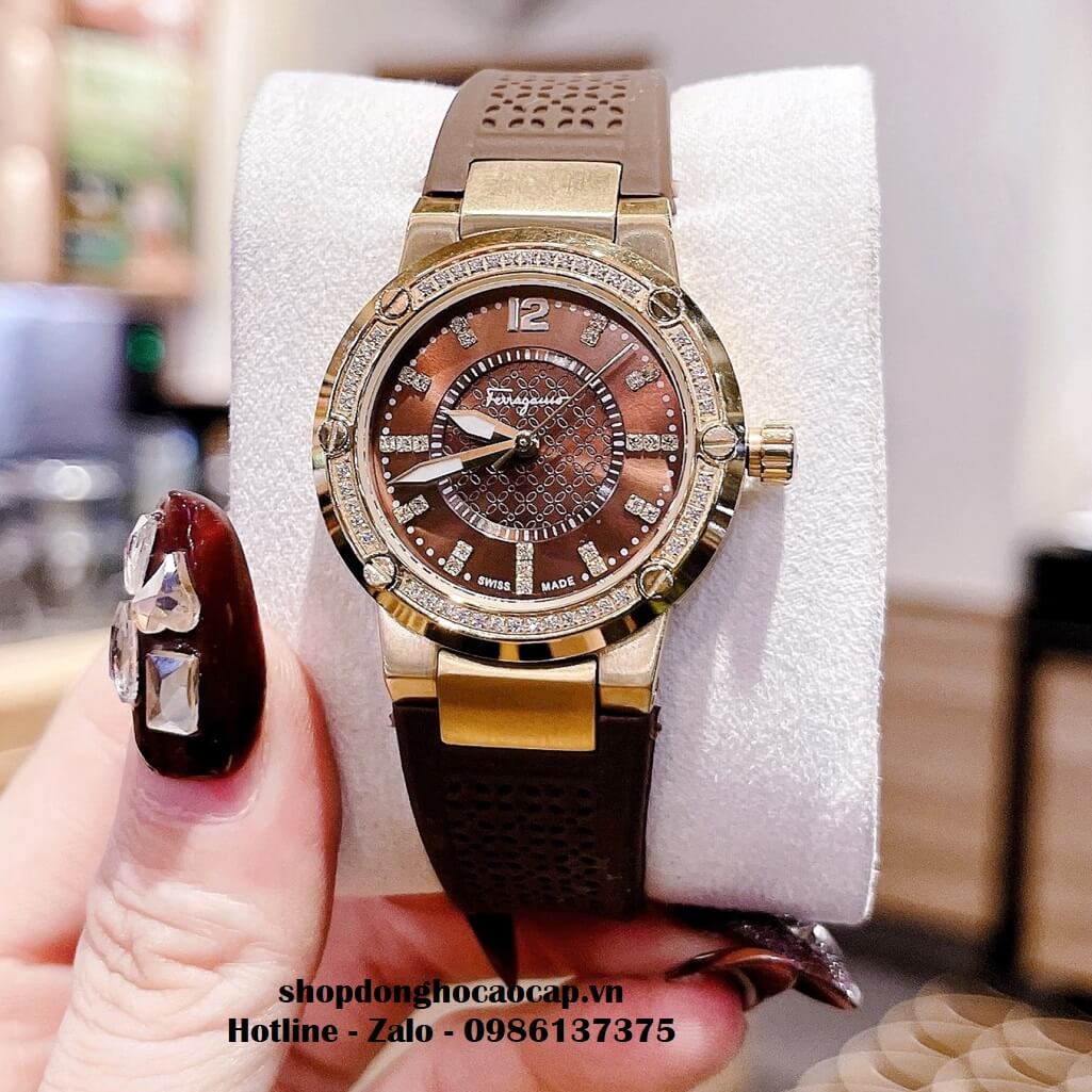 Đồng Hồ Nữ Salvatore Ferragamo Silicon Nâu Đính Đá Rose 33mm