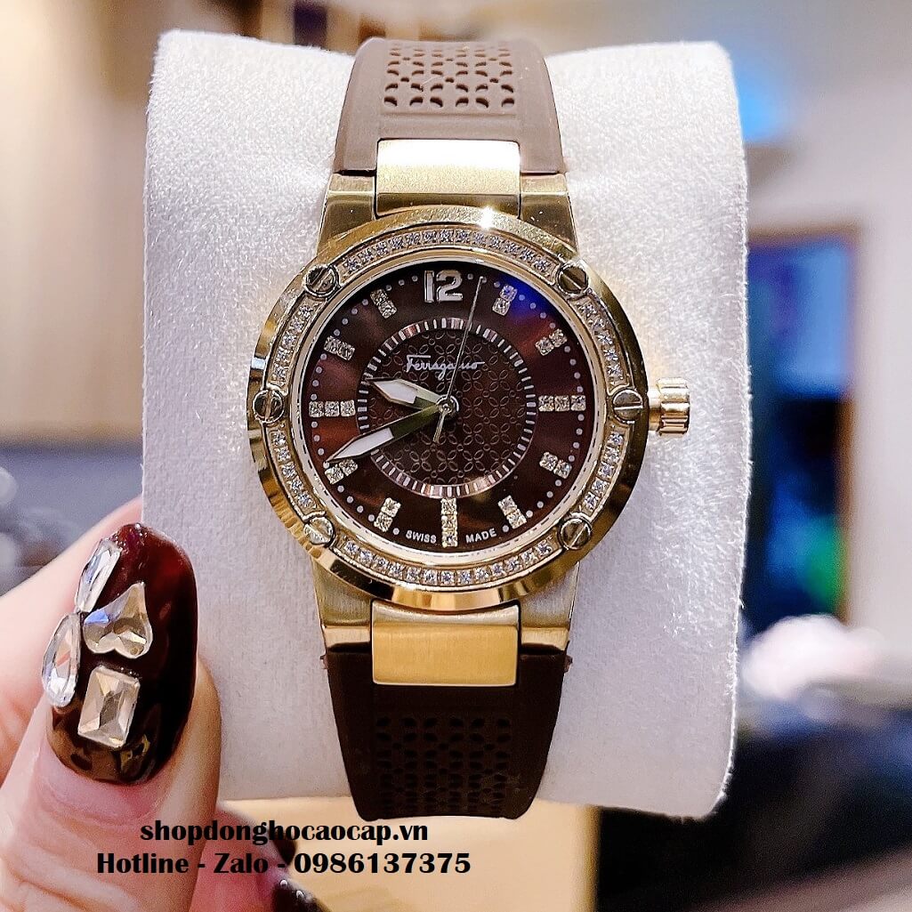 Đồng Hồ Nữ Salvatore Ferragamo Silicon Nâu Đính Đá Rose 33mm