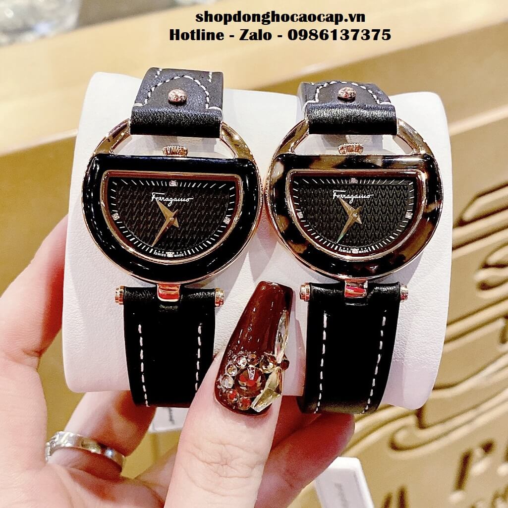 Đồng Hồ Nữ Salvatore Ferragamo Dây Da Đen Trăng Khuyết 35mm