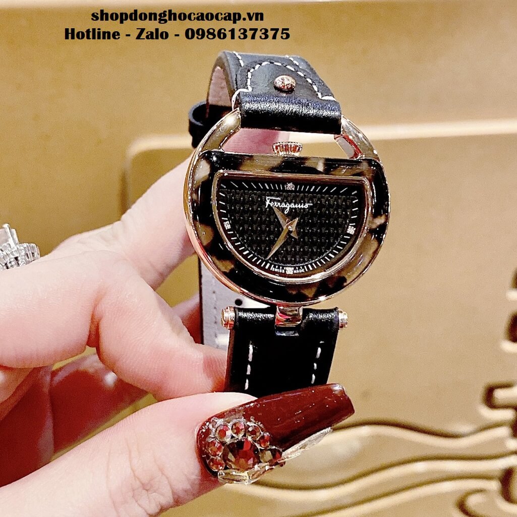 Đồng Hồ Nữ Salvatore Ferragamo Dây Da Đen Trăng Khuyết 35mm