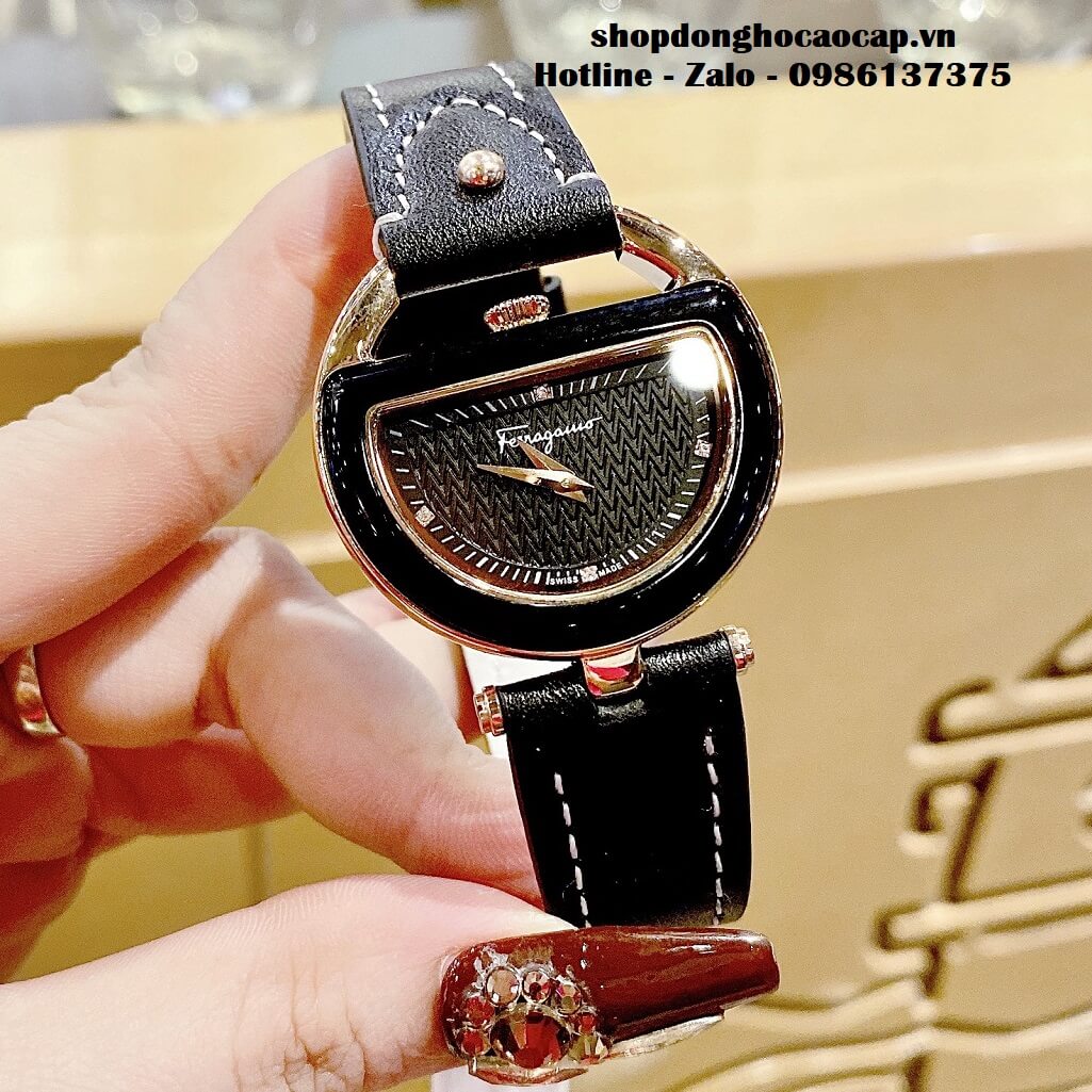 Đồng Hồ Nữ Salvatore Ferragamo Dây Da Đen Mặt Trăng Khuyết 35mm