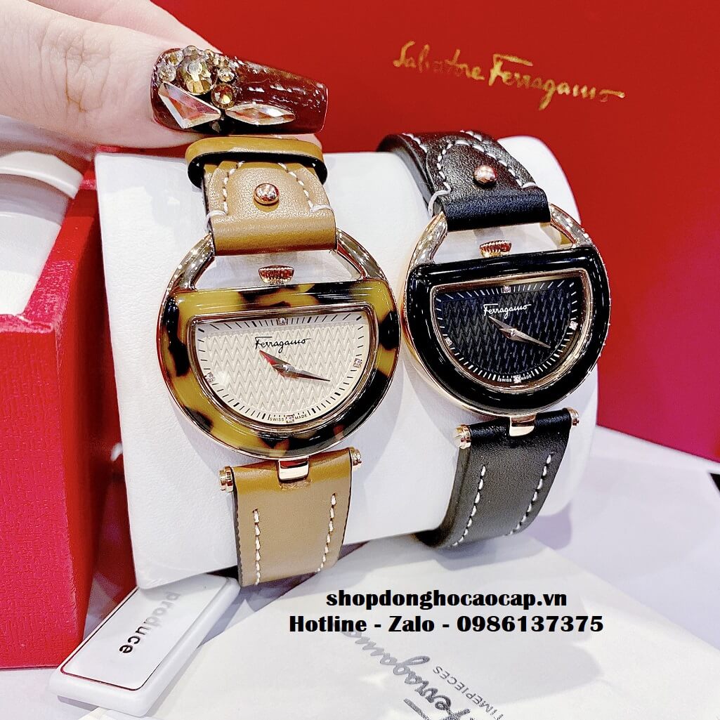 Đồng Hồ Nữ Salvatore Ferragamo Dây Da Nâu Mặt Trăng Khuyết 35mm