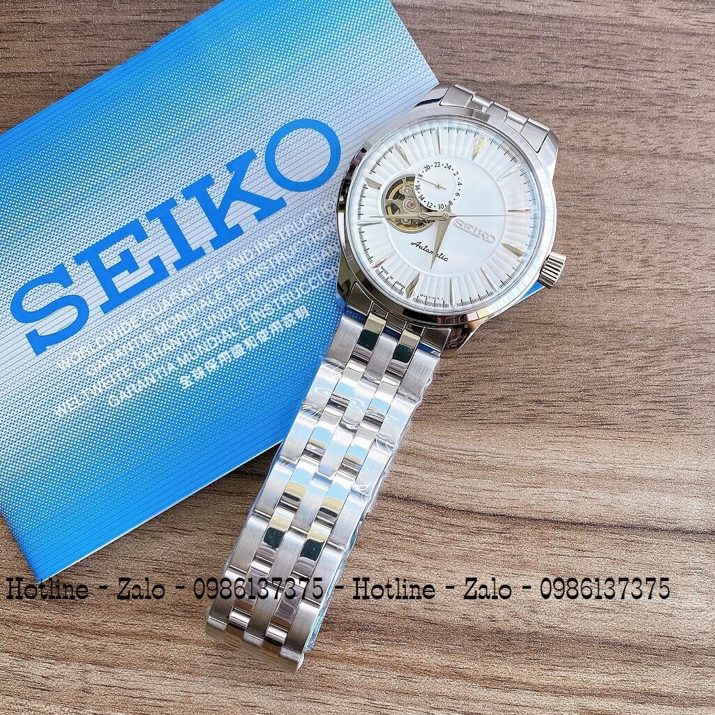 Đồng Hồ Seiko Automatic Lộ Máy Bạc Mặt Trắng 40mm Nam