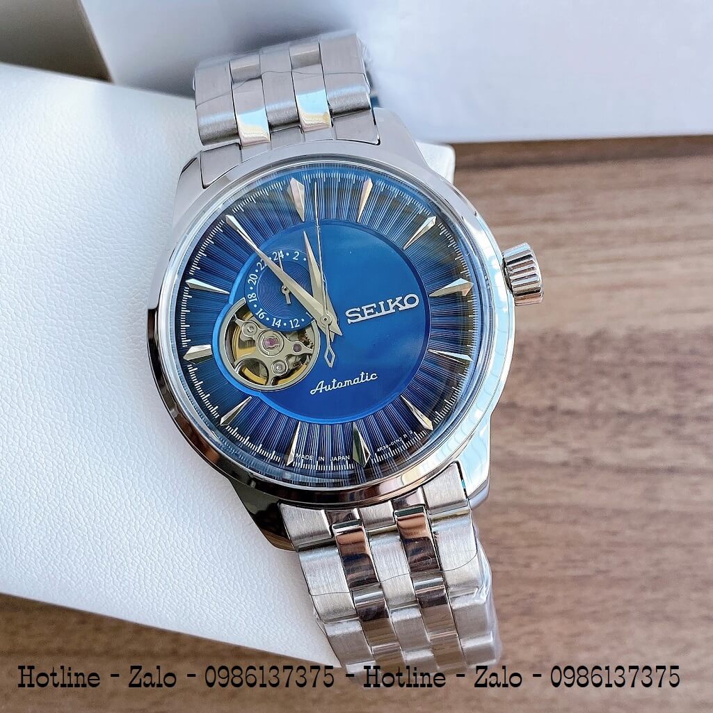 Đồng Hồ Seiko Automatic Lộ Máy Bạc Mặt Xanh Dương 40mm Nam