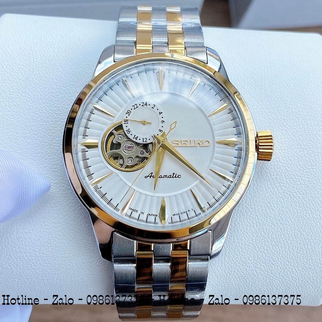 Đồng Hồ Nam Seiko Automatic Lộ Máy Demi Trắng 40mm